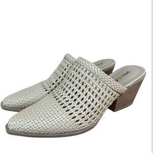 Seven dials women’s size 8 slide on mules , woven upper construction angled heel